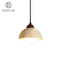 Lampe suspendue Soren en travertin, bois et verre, style Wabi-sabi Japandi, production en gros OEM, directement de l'usine