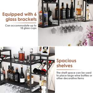 رف نبيذ كبير شديد التحمل من مستويين مثبت على الحائط 6 حامل أرفف أنابيب صناعية رف تخزين أسود بار منزلي - Product Image 3