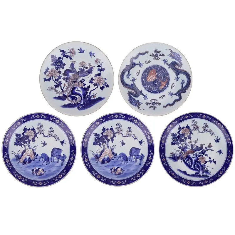 RYWU29-A-B-C-D-E Biru dan Putih Underglaze Merah Bunga dan Burung, Lanskap, Naga, Pola Phoenix Piring Dekoratif Keramik