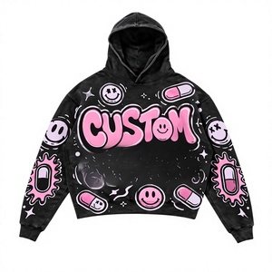 Sweat à capuche personnalisé imprimé motif dessin animé, coupe courte oversize, en molleton de coton, épaules tombantes, coupe carrée, options de strass disponibles - Product Image 1