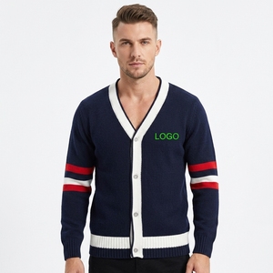 Cárdigan de Punto Azul Marino Estilo Preppy para <span class=keywords><strong>Hombre</strong></span>, con Bloques de Color Rojo y Blanco, Cuello en V, Holgado, Casual, Versátil, con <span class=keywords><strong>Botones</strong></span> - Product Image 1