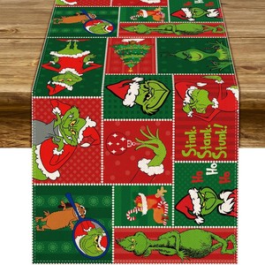 Christmas Decorations <b>Grinch</b> Linen Oil-resistant Cartoon Print Table Runner & Mat 33x183cm Eco-Friendly Factory Direct - Product Image 3