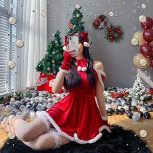 Conjunto de Disfraz Navideño para Mujer, Vestido Rojo de Terciopelo con Ribete Blanco, Disfraz de Conejita, Conjunto de Disfraz para Fiesta - Product Image 3