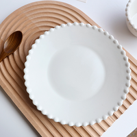 Assiette de table ronde en porcelaine blanche de 8 pouces, motif dentelle perlée, bol à dessert, ensemble de 3 assiettes et bols de dîner, vente en gros