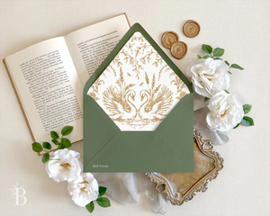 Enveloppes de mariage personnalisées inspirées de la France, avec doublure en forme de cygne, vert sauge, invitations de mariage de luxe, enveloppes pour mariage en bord de lac - Product Image 1
