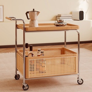 Carrito de almacenamiento de madera maciza con ruedas, estructura de acero inoxidable, estante de ratán, carrito móvil de 2 niveles para sala de estar, dormitorio, estudio - Product Image 1