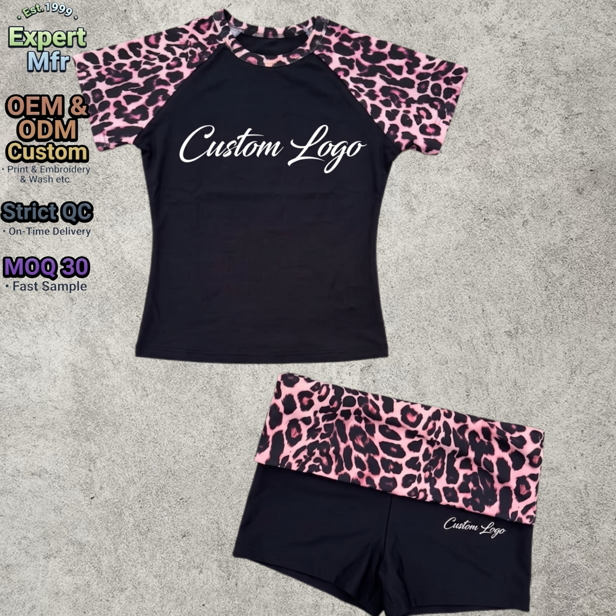 Custom Logo Printed Yoga Set 2 Piece Women Sportswear Smooth Fabric Raglan Sleeve Biker Fold-over Waist Shorts Set