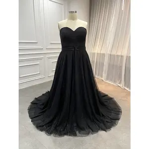 Pemasok Gaun Pernikahan Satin Cantik Wanita Gaun Pengantin Ukuran Plus Dapat Dilepas Overskirt Hitam untuk Pengantin Wanita