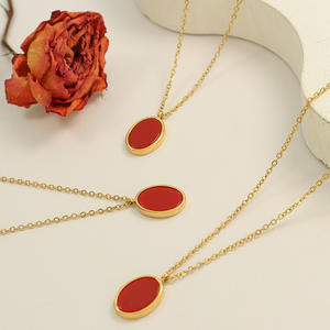 Trendy Classic Style Red Oval Pendant <b>Necklace</b> for Women 18K Gold Plated Stainless Steel with Agate Link Chain Gift Idea - Product Image 1