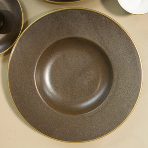 Vintage Italian Salad Pasta <b>Plates</b> Hat Shape Ceramic Gold Trim Soup Bowl Dish Matte Glaze Porcelain Soup Serving Deep <b>Plates</b> - Product Image 1