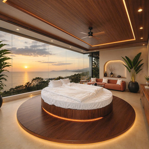 High Quality Luxury Round Platform <b>Bed</b> with <b>LED</b> Light Walnut Veneer MDF Hotel Villa Bedroom Furniture Easy Assembly - Product Image 5