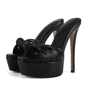 Mules <span class=keywords><strong>da</strong></span> <span class=keywords><strong>Donna</strong></span> in Ecopelle Nera con Nodo e Plateau, Tacco a Spillo Ultra Alto 16cm, <span class=keywords><strong>Scarpe</strong></span> Estive di Tendenza per Feste ed Eventi Serale - Product Image 5