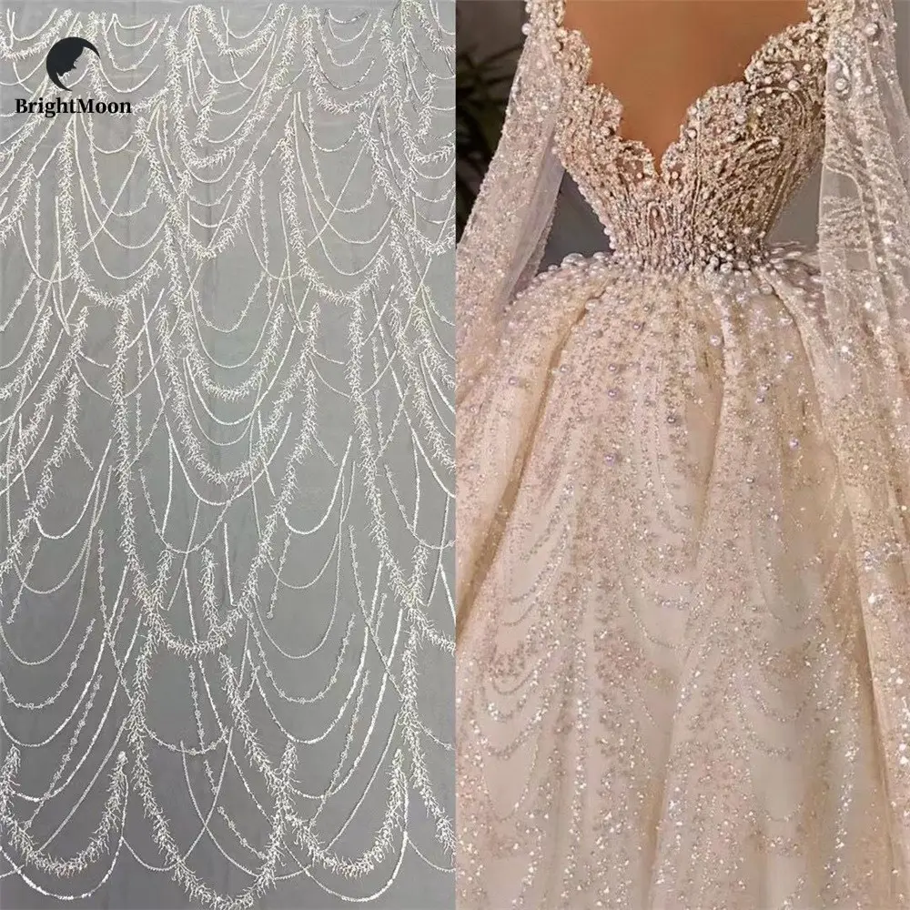 Tissu de dentelle de tulle français perlé en cristal de paillettes de luxe blanc élégant et classique pour mariage