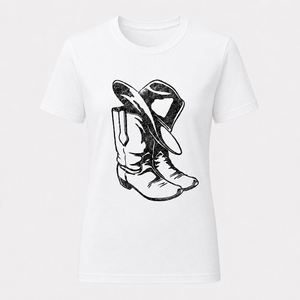 Camiseta con estampado de botas de vaquero occidental para mujer, informal, de manga corta, de algodón, con cuello redondo - Product Image 4