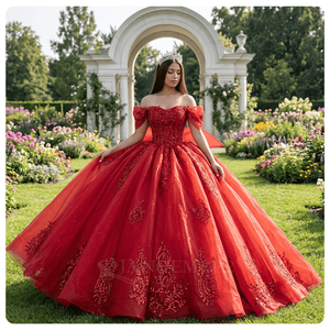 Dy20253 Vestidos de Quinceañera de Gasa Roja Magníficos, Vestido de Gala para 15 Años, Personalizado con Apliques de Encaje y Escote Corazón - Product Image 1