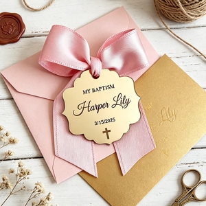 Etichette Personalizzate in Acrilico con Incisione Laser a Forma di Croce, Etichette Regalo Personalizzate a Specchio per Battesimo, Comunione, <span class=keywords><strong>Matrimonio</strong></span>, Fatte a Mano - Product Image 2