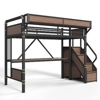 Cama Loft Industrial Moderna de Metal Tamanho Twin com Escrivaninha, Estação de Carregamento, Fita LED, Pegboard, Cestos de Malha e Escada para Armazenamento