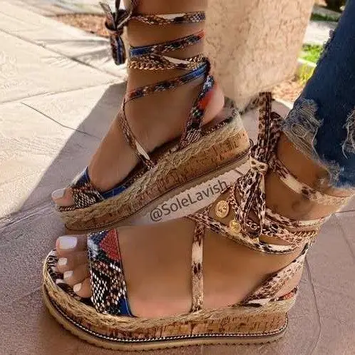 Large Size 35-43 Summer Sequined Platform Women's Shoes Ladies Lace-up Wedges Sandals For Women