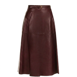 Jupe midi en cuir pour femme, taille haute, coupe trapèze, avec ceinture, couleur unie élégante, design brillant, à porter toute l'année - Product Image 1