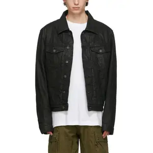 Thời Trang Tất Cả Các Màu Đen Sáp Denim Áo Khoác Mens Nút Lên Denim Jacket