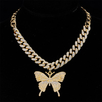 Hip Hop Icy Bling Bijoux Hommes De Luxe Plaqué Or Strass Diamant Papillon Pendentif Avec Prong Cubain Collier Chaîne