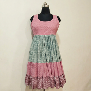 Sleeveless Vintage A-Line Loose Silhouette Knee-Length 100% Cotton Dress Pleated Layered Hem Pink Green Geometric Print Casual - Product Image 1