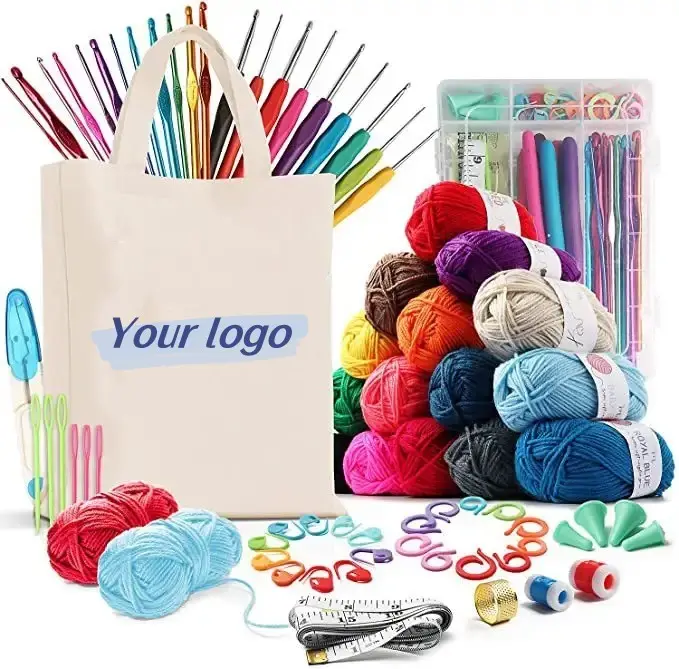 73 pieces beginner diy yarn crochet kit 73pcs  for beginners kids adult with yarn accessories and Canvas Tote bag