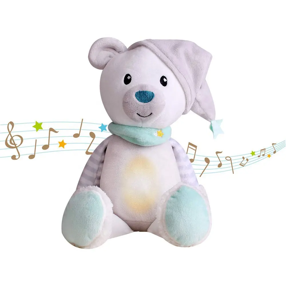 भरवां पशु खिलौना बच्चे संगीत नींद चुसनी और चमक भालू खिलौना आलीशान सुखदायक पशु खिलौना के साथ रात को प्रकाश और समय समारोह