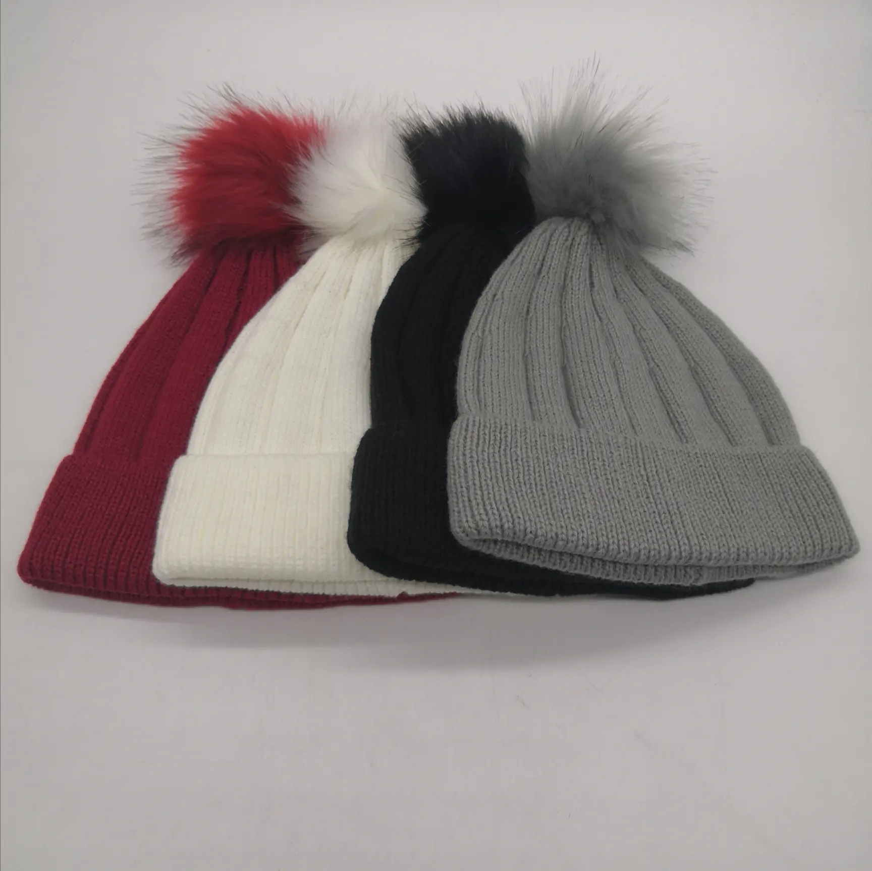 Hot basic soft and warm lady winter knitted acrylic beanie hat with pompom
