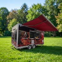 Remorque BBQ de 16 pieds en fibre de verre et aluminium avec rôtissoire, réfrigérateur, équipement pour snacks et aliments, et autocollants personnalisables disponibles