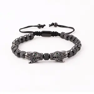 New Design Black CZ Pave Leopard Charm Stainless Steel Bead Men Jewelry Macrame Custom Friendship Bracelet