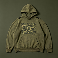 Sudadera con capucha para hombre de peso pesado con lavado vintage, estampado de camuflaje y mapa con brújula, bajo deshilachado y estilo streetwear, para uso casual diario