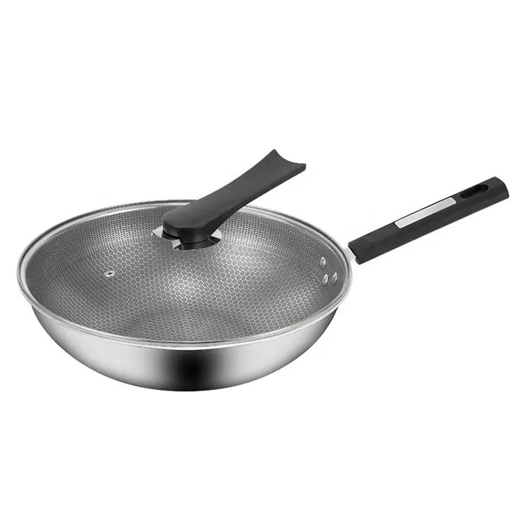 430 Stainless Steel Wok Tebal Layar Penuh Sarang Lebah Yang Tidak Dilapisi Non-Stick Tidak Berminyak Bebas-rokok Flat Hadiah Pan