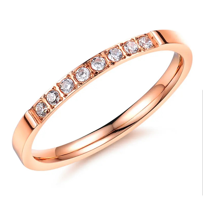Fashion Month Women 2mm Luxury Titanium Stainless Steel Cubic Zirconia CZ Inlay Rose Gold Ring Wedding Engagement Band
