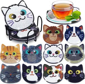 Vente en gros usine : Sous-verres DIY en diamant art, motif visage <span class=keywords><strong>de</strong></span> chat <span class=keywords><strong>de</strong></span> dessin animé, avec base en liège, pour verres et comme ornement <span class=keywords><strong>de</strong></span> bureau - Product Image 1