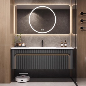 Mobile Bagno Moderno di Lusso Scanalato Personalizzato da Parete <span class=keywords><strong>con</strong></span> Lavabo Integrato in Ceramica e Armadietto a <span class=keywords><strong>Specchio</strong></span> LED - Product Image 1