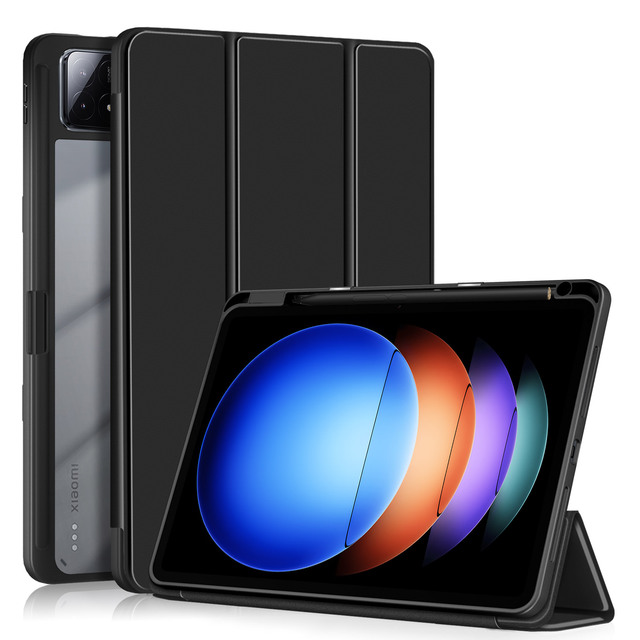 Acrylic Transparent Back Shell Slim Trifold Folio Stand PU Leather Tablet Case Cover for Xiaomi Pad 6S Pro 12.4 Inch 2024