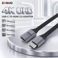 Câble adaptateur USB C vers HDMI 2.0, type C mâle vers HDMI femelle, 4K 60Hz, 2K 144Hz, 1080P 240Hz, 18 Gbps, cordon plat en aluminium QFT