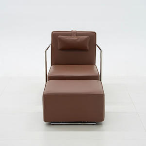 Stainless Steel Extendable Lounge <b>Chair</b> - Italian Minimalist Light Luxury <b>Recline</b> <b>Chair</b> Caramel Leather <b>Chair</b> for Villa <b>Garden</b> - Product Image 3