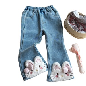 Girls Denim Flared Trousers Blue Fleece <b>Lined</b> Cartoon Cat Kids Winter <b>Pants</b> Long Casual Childrens Jeans - Product Image 3