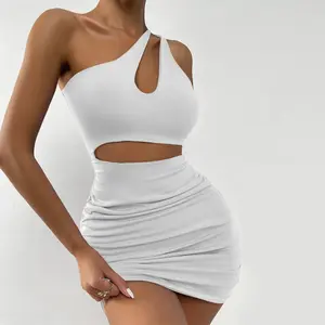 XS-L Women's Summer Style European and American Sexy One Shoulder Short Skirt Cutout Wrap Hip Dress Available in Multiple Colors