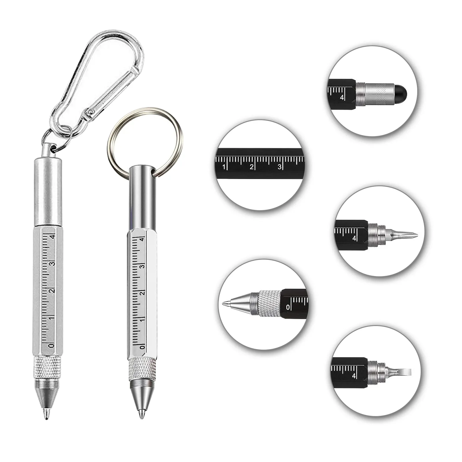 Stylo multi-outils 6 en 1 avec stylet fonctionnel stylo à outils tech stylet en métal avec tournevis de niveau et porte-clés anneau court