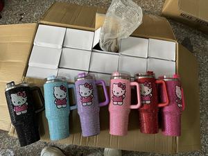 Toptan özel tasarım yüksek kalite Rhinestone karikatür <span class=keywords><strong>Kitty</strong></span> Tumblers KT seyahat kapaklar ve saman ile kahve kupası kupalar - Product Image 4