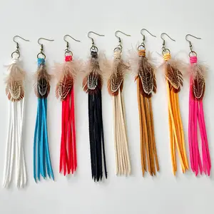 Ethnic Colorful Striped Leather Tassel Earrings Western Style Brown Feather Earrings Wholesale