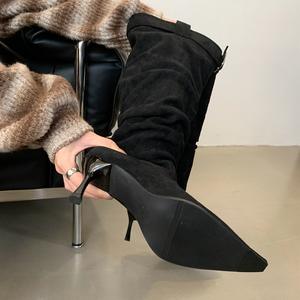 Nouvelle Collection 2026 – Bottes en Daim Montantes pour Femme, Style Rétro Tendance, Polyvalentes, Talon Fin, Bout Pointu, Rehaussantes - Product Image 4