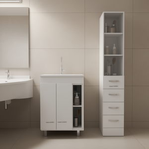 Ensemble de salle de bain Montana, meuble-lavabo et armoire à linge blancs, rectangulaires, minimalistes, en bois, faciles à nettoyer - Product Image 2