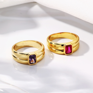 Anneaux fins tendance pour femmes, plaqués or, argent sterling S925, texture bombée, zircone cubique rouge violet, anneau serti de pierres brillantes - Product Image 3