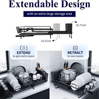 Égouttoir à vaisselle extensible pour comptoir de cuisine avec bac de récupération, porte-ustensiles et porte-tasses