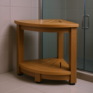 Banco de Ducha Esquinero de 16.5 Pulgadas de Altura y 12.8 Pulgadas de Radio, con Acabado Imitación Madera, de Poliestireno Resistente al Agua, con Estante de Almacenamiento para Baño - Product Image 2