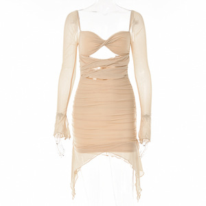 European And American Export Hollow Out Tight Dress Sweetheart Neckline Full Sleeve Translucent Short Skirt For Women - Product Image 4